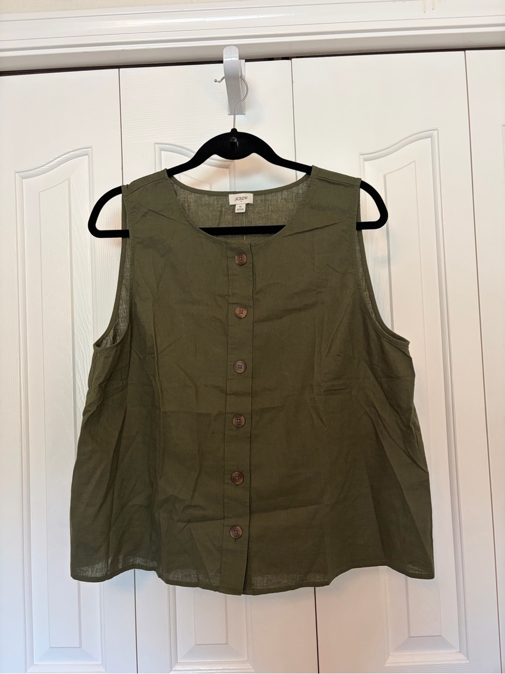 J. Crew Olive Button-Front Sleeveless Linen Blend Top